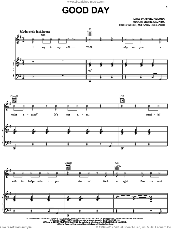 Good Day sheet music for voice, piano or guitar by Jewel, Greg Wells, Jewel Kilcher and Kara DioGuardi, intermediate skill level