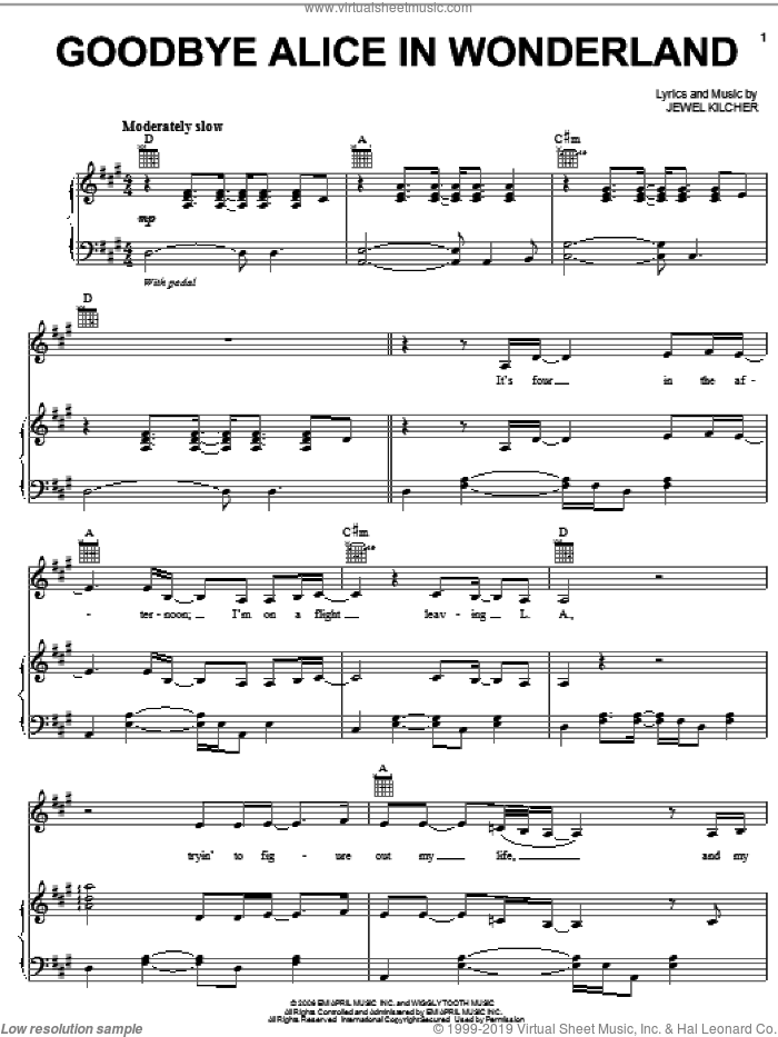Goodbye Alice In Wonderland sheet music for voice, piano or guitar by Jewel and Jewel Kilcher, intermediate skill level