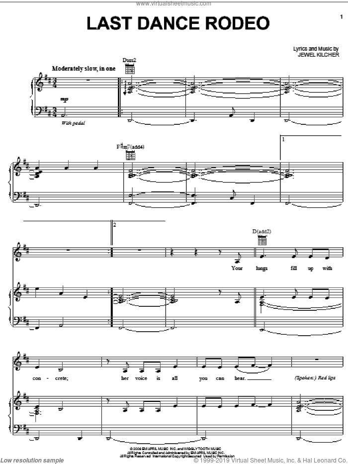 Last Dance Rodeo sheet music for voice, piano or guitar by Jewel and Jewel Kilcher, intermediate skill level