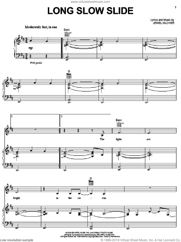 Long Slow Slide sheet music for voice, piano or guitar by Jewel and Jewel Kilcher, intermediate skill level