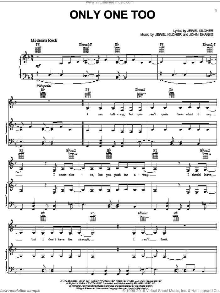 Only One Too sheet music for voice, piano or guitar by Jewel, Jewel Kilcher and John Shanks, intermediate skill level