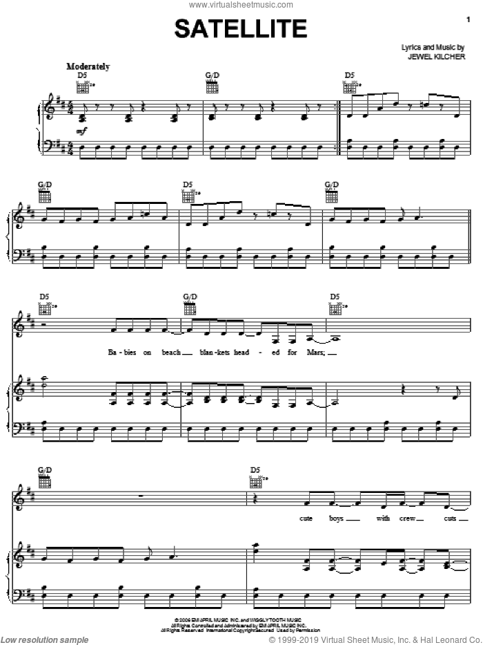 Satellite sheet music for voice, piano or guitar by Jewel and Jewel Kilcher, intermediate skill level