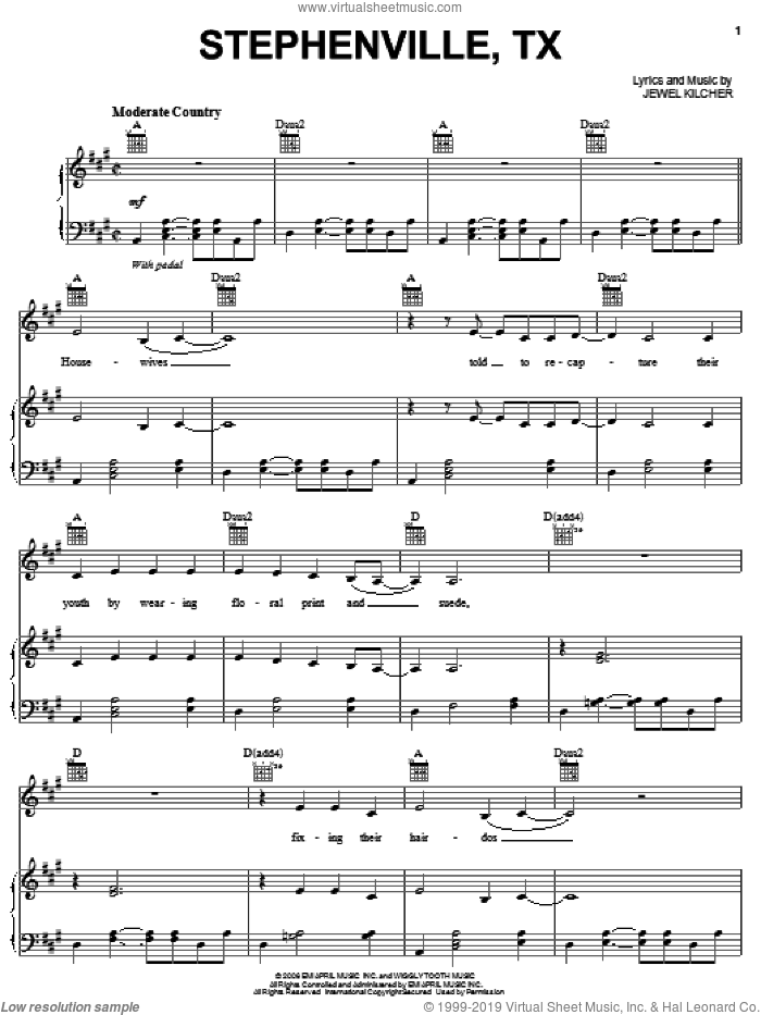Stephenville, TX sheet music for voice, piano or guitar by Jewel and Jewel Kilcher, intermediate skill level