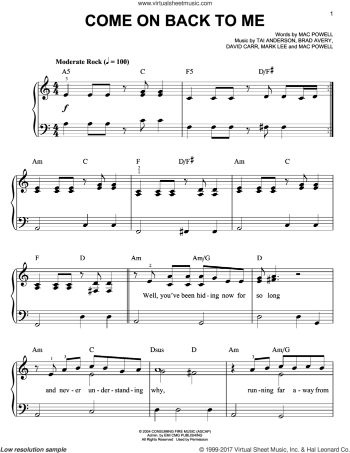 Come On Back To Me sheet music for piano solo by Third Day, Brad Avery, David Carr, Mac Powell, Mark Lee and Tai Anderson, easy skill level