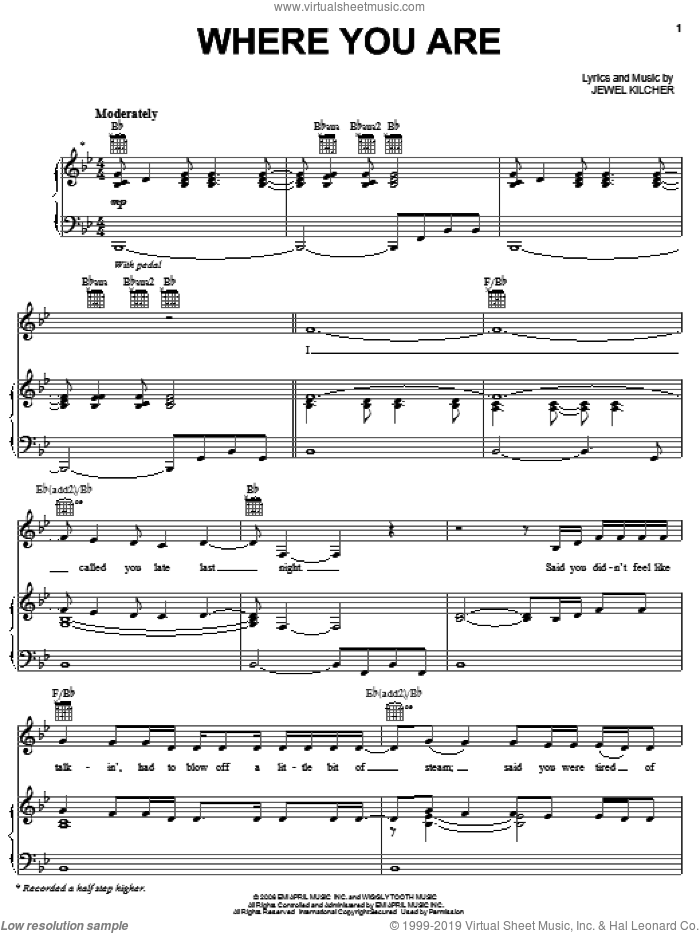 Where You Are sheet music for voice, piano or guitar by Jewel and Jewel Kilcher, intermediate skill level