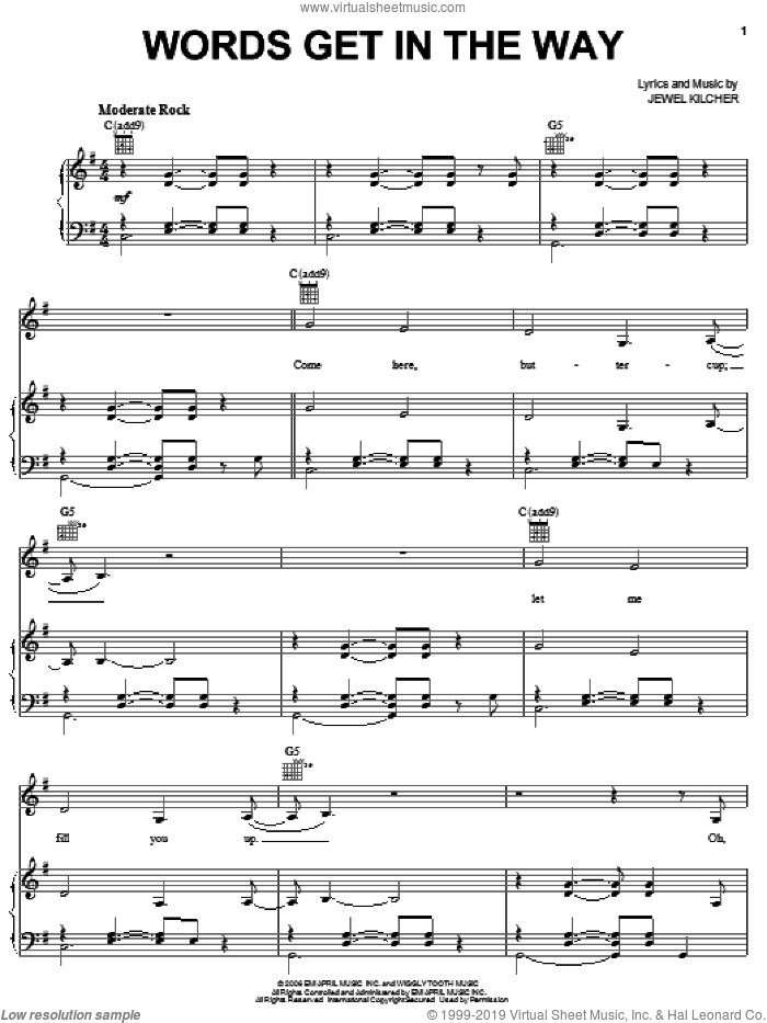 Words Get In The Way sheet music for voice, piano or guitar by Jewel and Jewel Kilcher, intermediate skill level