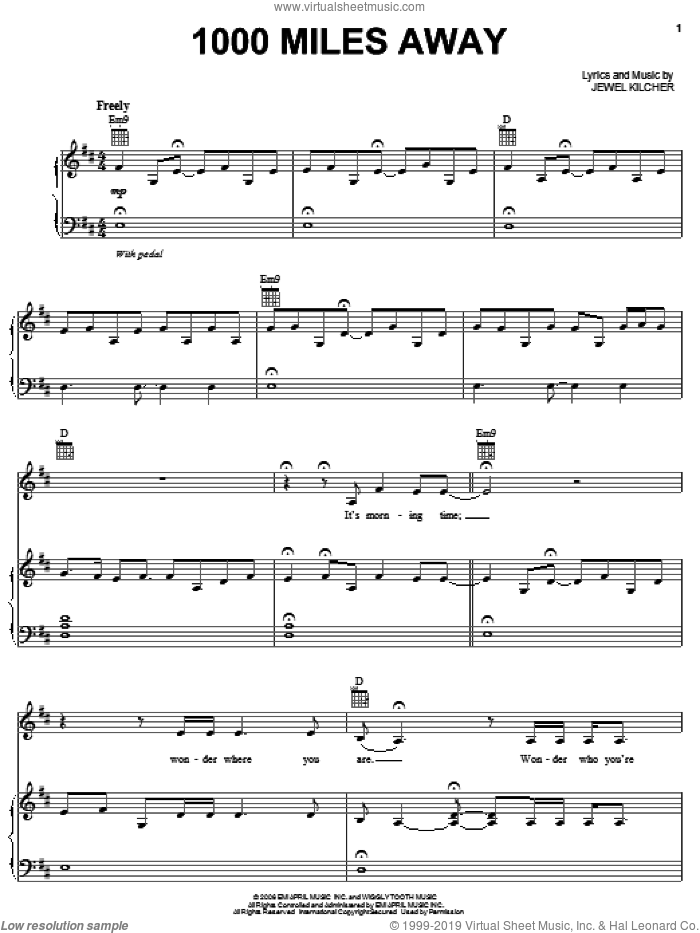 1000 Miles Away sheet music for voice, piano or guitar by Jewel and Jewel Kilcher, intermediate skill level
