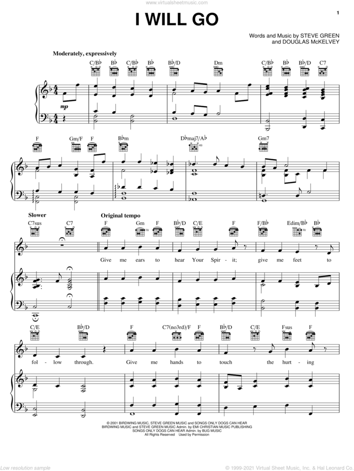 I Will Go sheet music for voice, piano or guitar by Steve Green and Douglas McKelvey, intermediate skill level