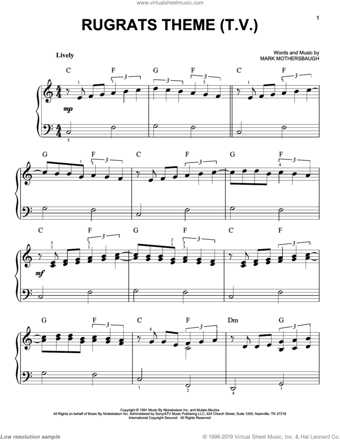 Rugrats Theme sheet music for piano solo by Mark Mothersbaugh, easy skill level