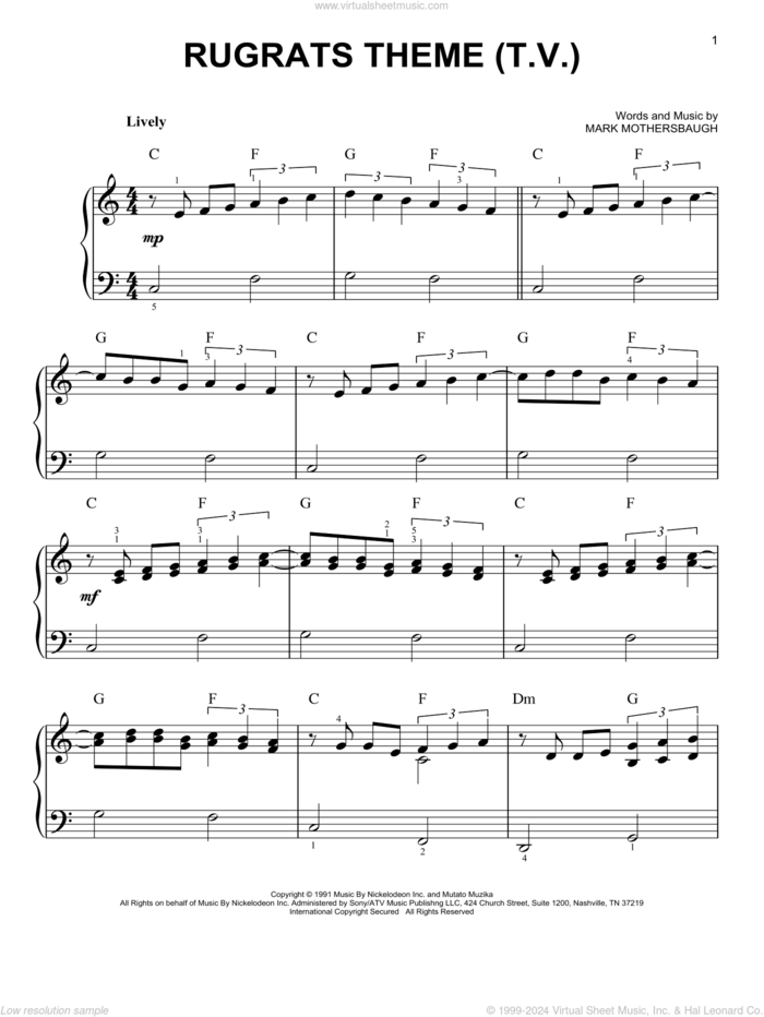 Rugrats Theme sheet music for piano solo by Mark Mothersbaugh, easy skill level