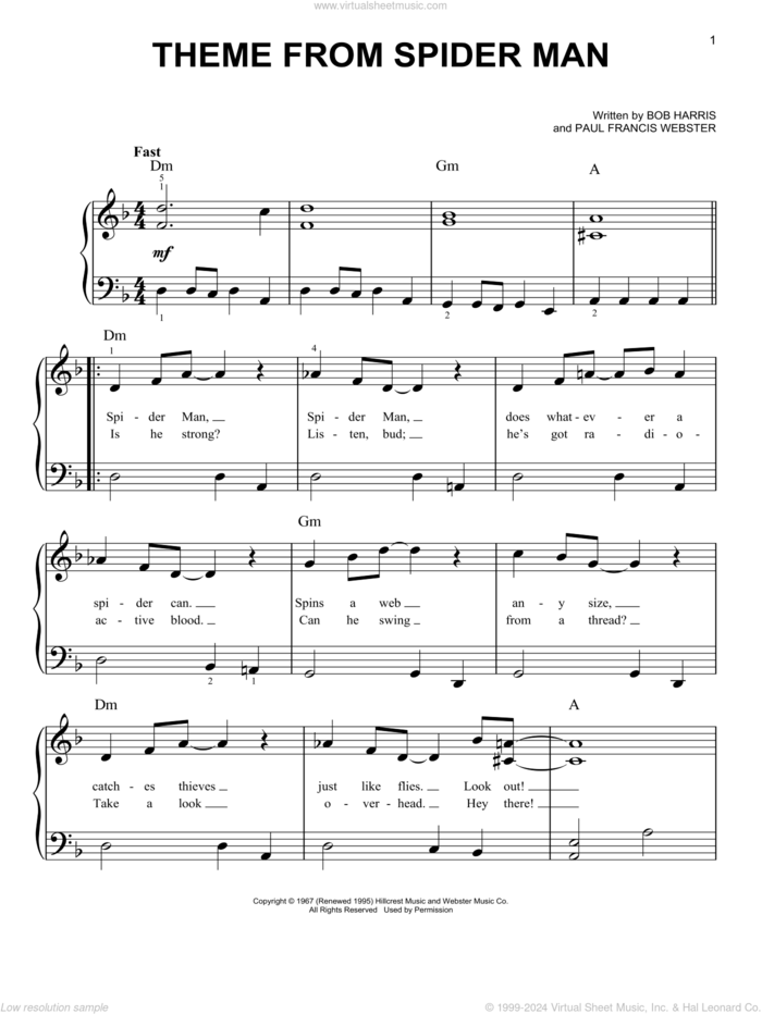 Theme From Spider-Man, (easy) sheet music for piano solo by Paul Francis Webster and Bob Harris, easy skill level