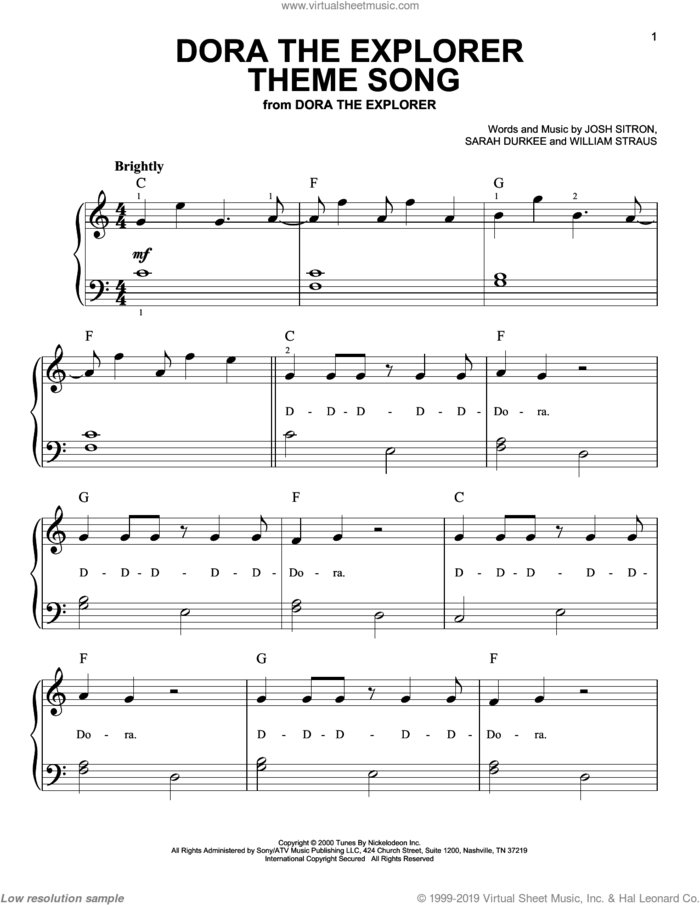 Dora The Explorer Theme Song sheet music for piano solo by Josh Sitron, Billy Straus and Sarah Durkee, easy skill level