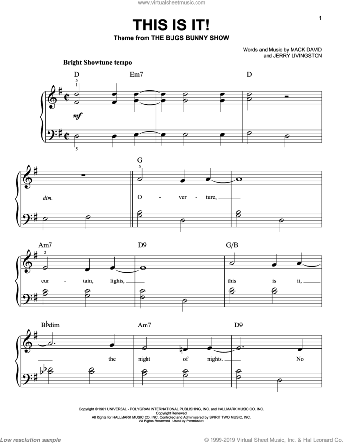 This Is It sheet music for piano solo by The Bugs Bunny Show, Jerry Livingston and Mack David, easy skill level