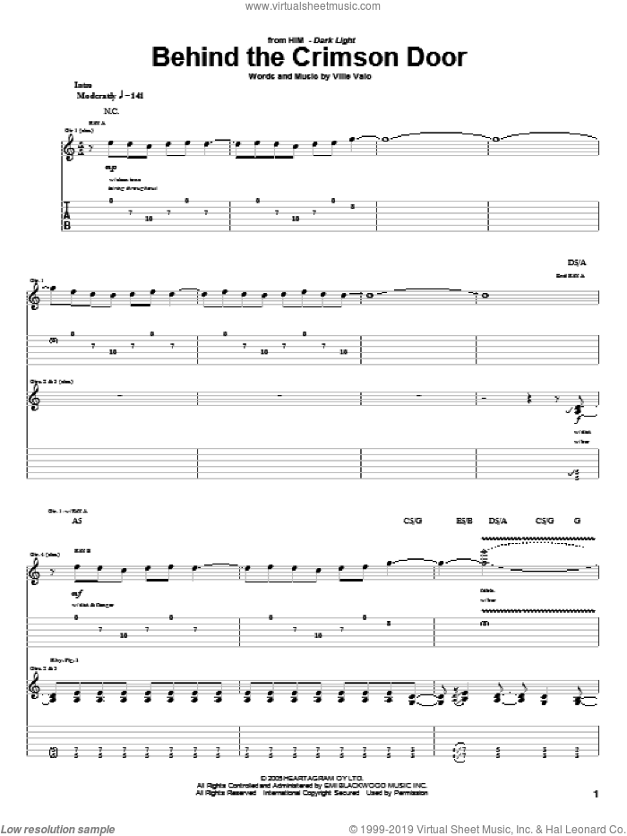 Behind The Crimson Door sheet music for guitar (tablature) by HIM and Ville Valo, intermediate skill level