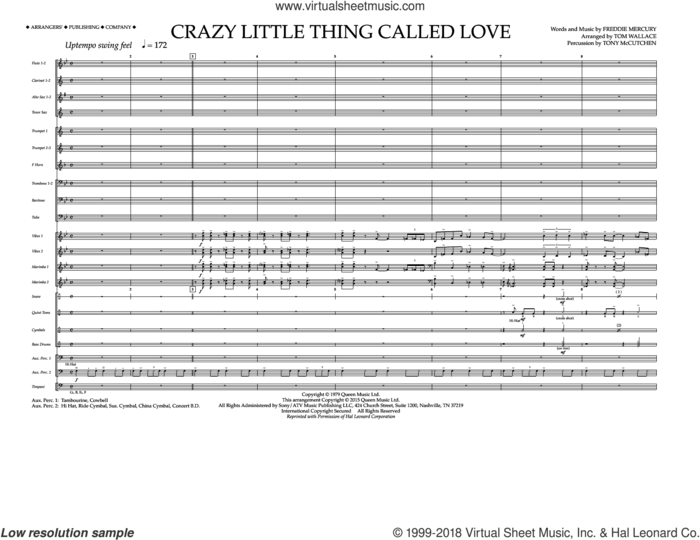 Crazy Little Thing Called Love (COMPLETE) sheet music for marching band by Queen, Dwight Yoakam, Freddie Mercury and Tom Wallace, intermediate skill level