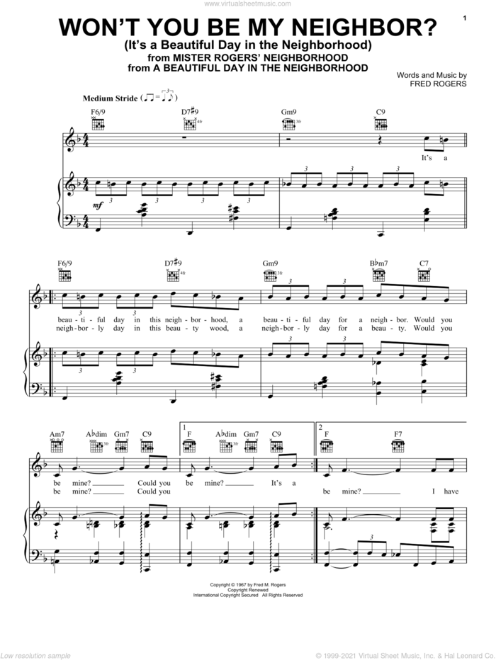 Won't You Be My Neighbor? (It's A Beautiful Day In The Neighborhood) sheet music for voice, piano or guitar by Fred Rogers, intermediate skill level