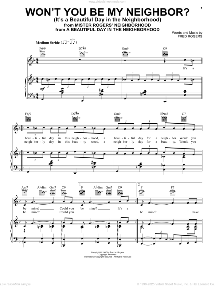 Won't You Be My Neighbor? (It's A Beautiful Day In The Neighborhood) sheet music for voice, piano or guitar by Fred Rogers, intermediate skill level