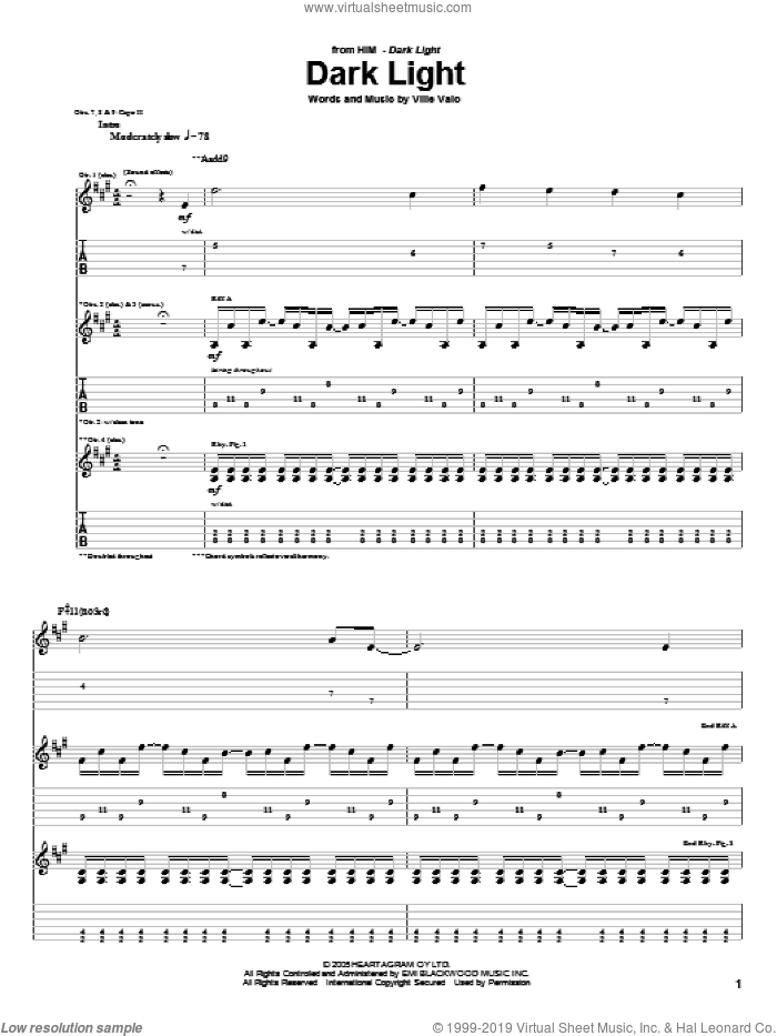 Dark Light sheet music for guitar (tablature) by HIM and Ville Valo, intermediate skill level