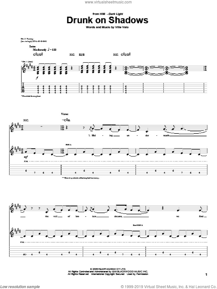 Drunk On Shadows sheet music for guitar (tablature) by HIM and Ville Valo, intermediate skill level