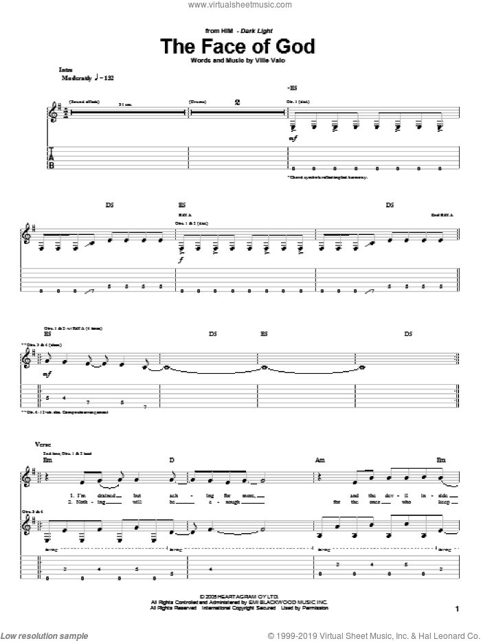 The Face Of God sheet music for guitar (tablature) by HIM and Ville Valo, intermediate skill level