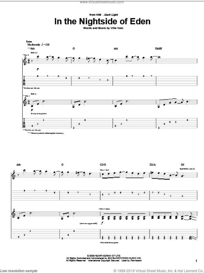 In The Nightside Of Eden sheet music for guitar (tablature) by HIM and Ville Valo, intermediate skill level