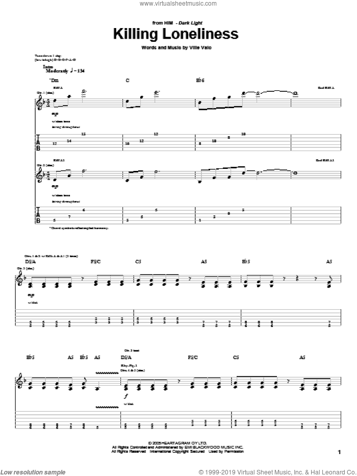 Killing Loneliness sheet music for guitar (tablature) by HIM and Ville Valo, intermediate skill level