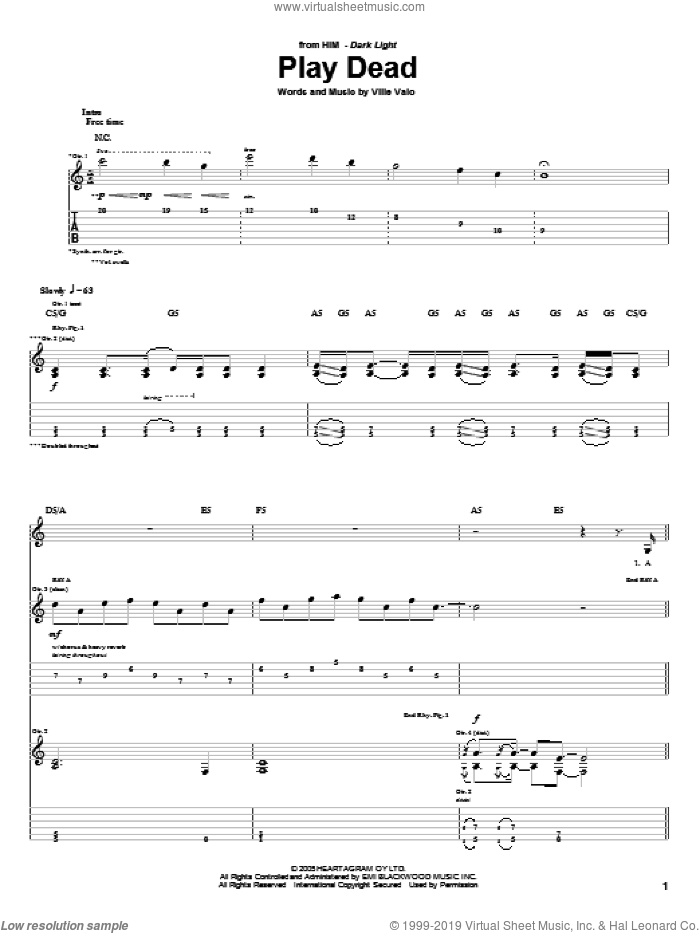 Play Dead sheet music for guitar (tablature) by HIM and Ville Valo, intermediate skill level