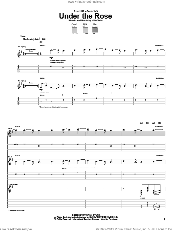 Under The Rose sheet music for guitar (tablature) by HIM and Ville Valo, intermediate skill level