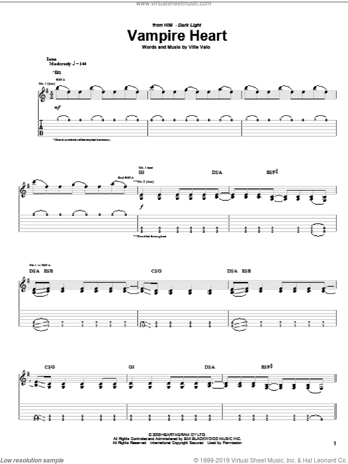 Vampire Heart sheet music for guitar (tablature) by HIM and Ville Valo, intermediate skill level