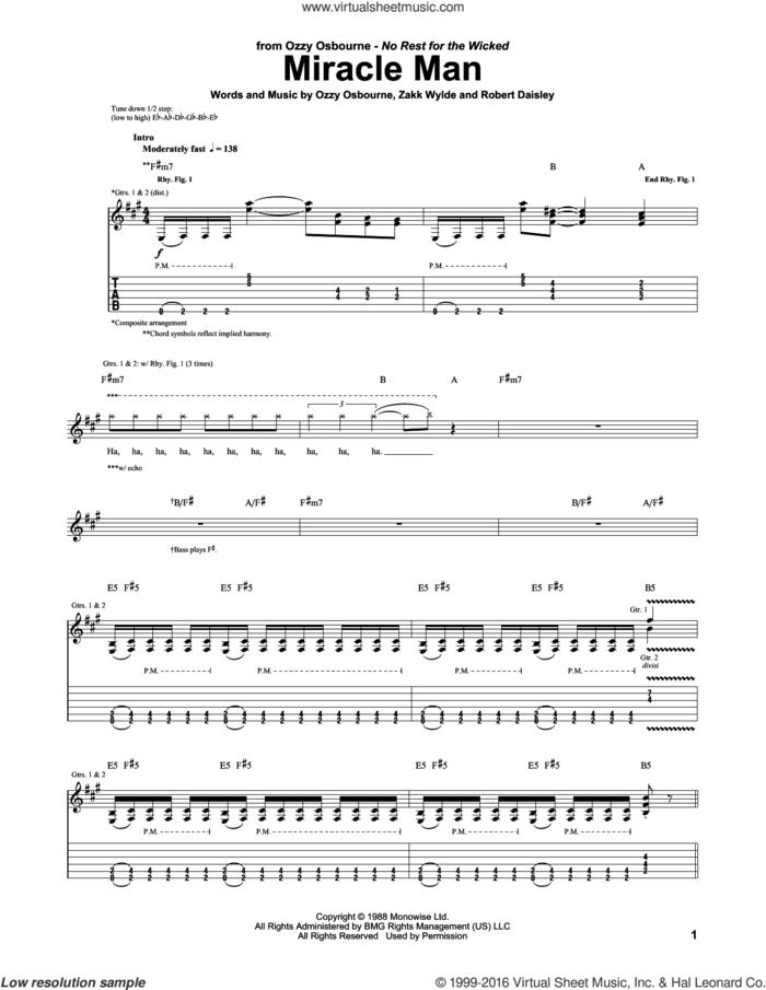 Miracle Man sheet music for guitar (tablature) by Ozzy Osbourne, Bob Daisley and Zakk Wylde, intermediate skill level