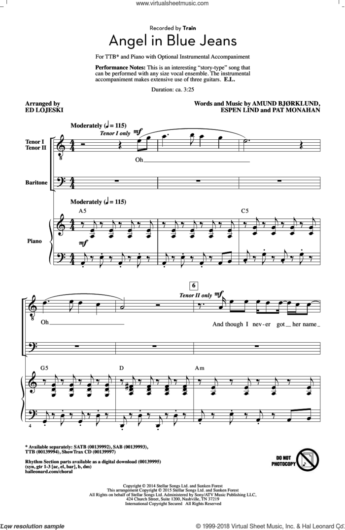Angel In Blue Jeans sheet music for choir (TTBB: tenor, bass) by Ed Lojeski, Train, Amund Bjorklund, Espen Lind and Pat Monahan, intermediate skill level