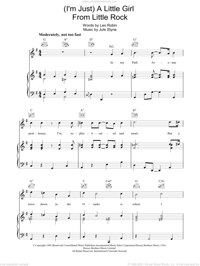 A Little Girl From Little Rock sheet music for voice, piano or guitar by Jule Styne and Leo Robin, intermediate skill level