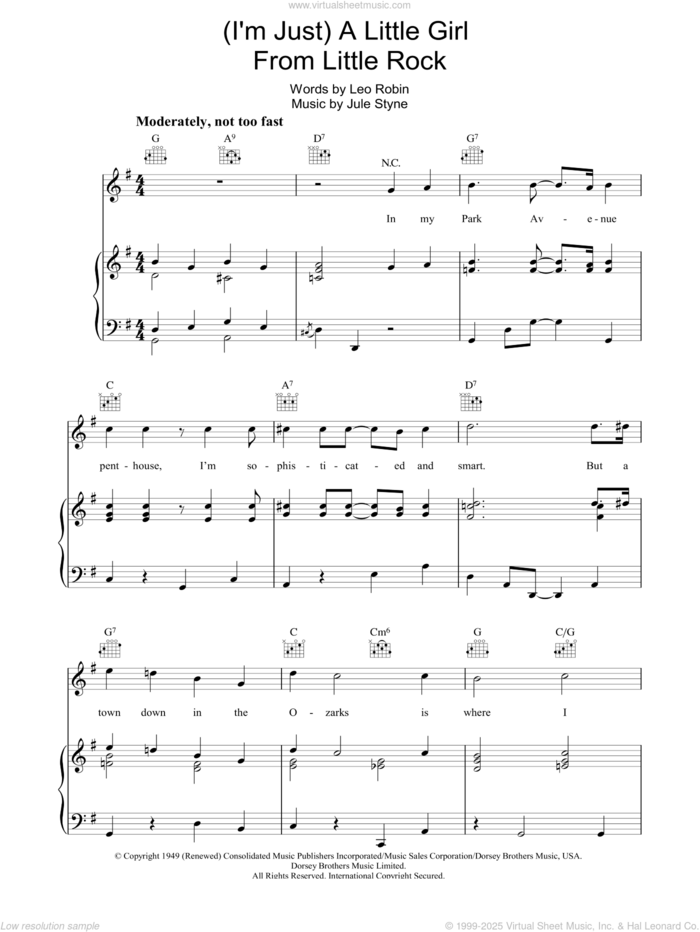 A Little Girl From Little Rock sheet music for voice, piano or guitar by Jule Styne and Leo Robin, intermediate skill level