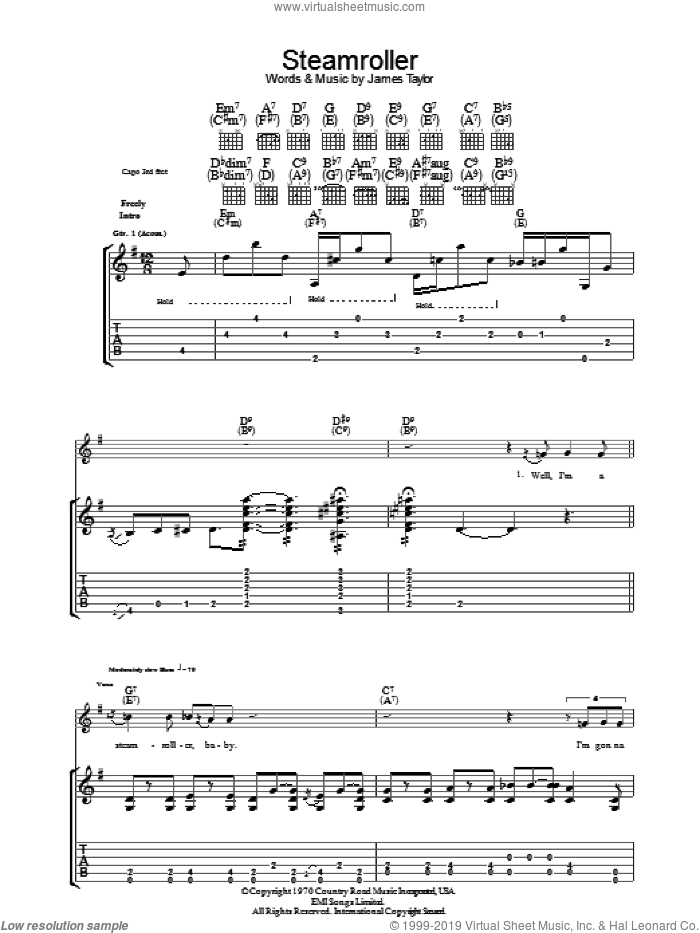 Steam Roller sheet music for guitar (tablature) by James Taylor, intermediate skill level