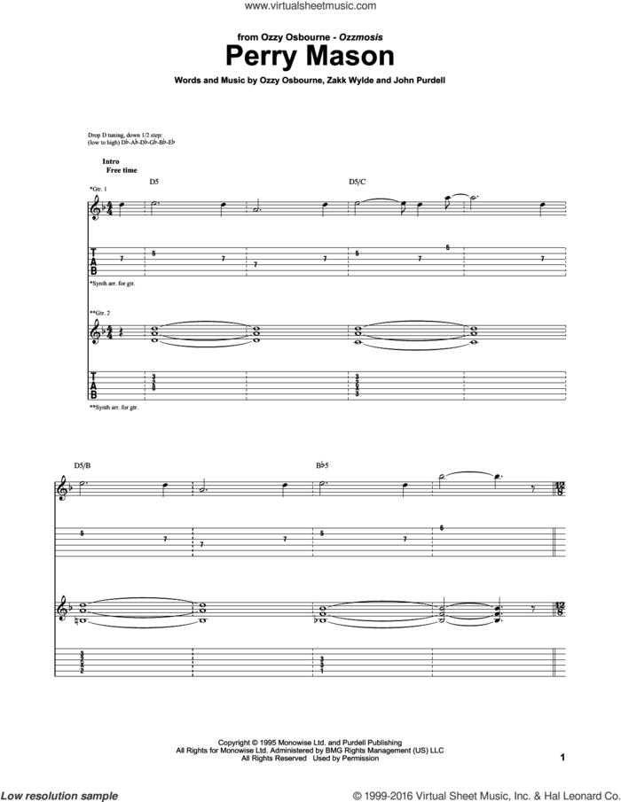 Perry Mason sheet music for guitar (tablature) by Ozzy Osbourne, John Purdell and Zakk Wylde, intermediate skill level