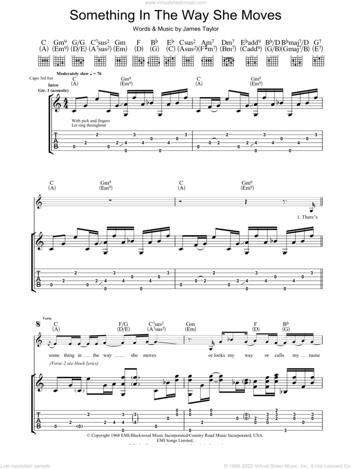 Something In The Way She Moves sheet music for guitar (tablature) by James Taylor, intermediate skill level