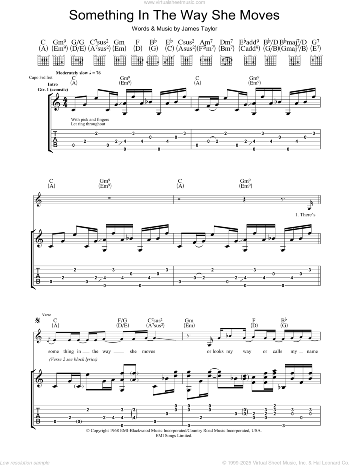 Something In The Way She Moves sheet music for guitar (tablature) by James Taylor, intermediate skill level