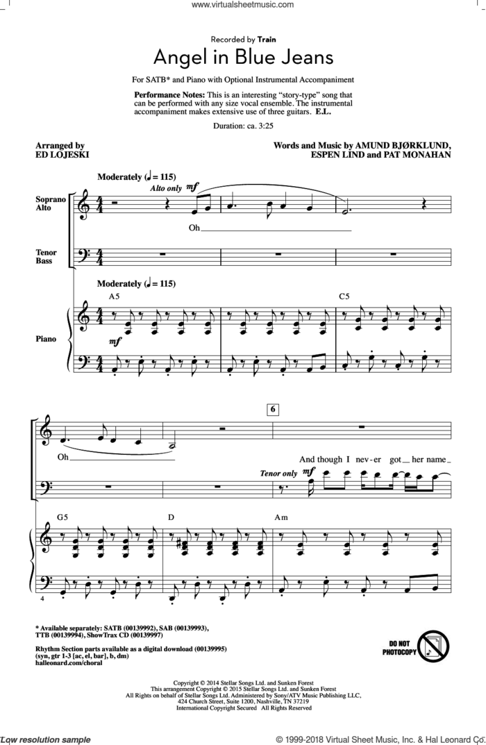 Angel In Blue Jeans sheet music for choir (SATB: soprano, alto, tenor, bass) by Ed Lojeski, Train, Amund Bjorklund, Espen Lind and Pat Monahan, intermediate skill level