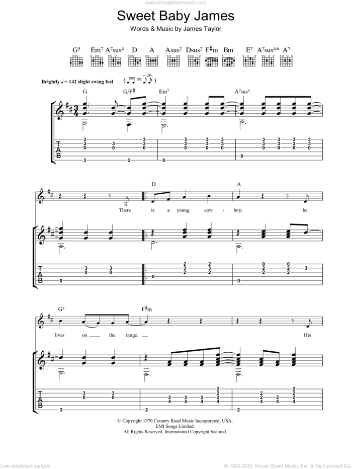 Sweet Baby James sheet music for guitar (tablature) by James Taylor, intermediate skill level