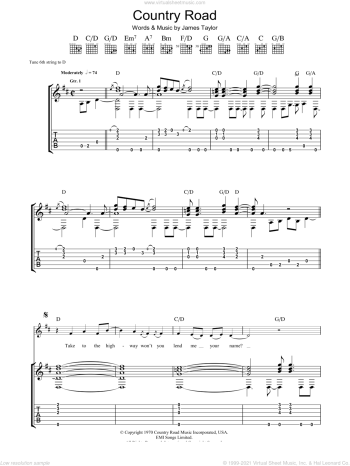 Country Road sheet music for guitar (tablature) by James Taylor, intermediate skill level