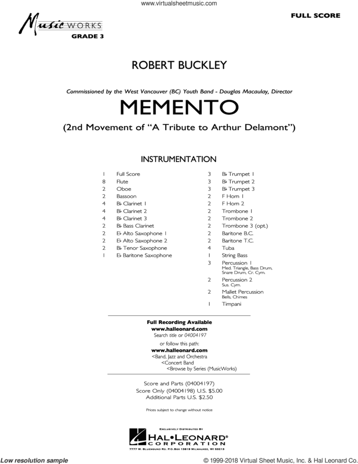 Memento (COMPLETE) sheet music for concert band by Robert Buckley, intermediate skill level