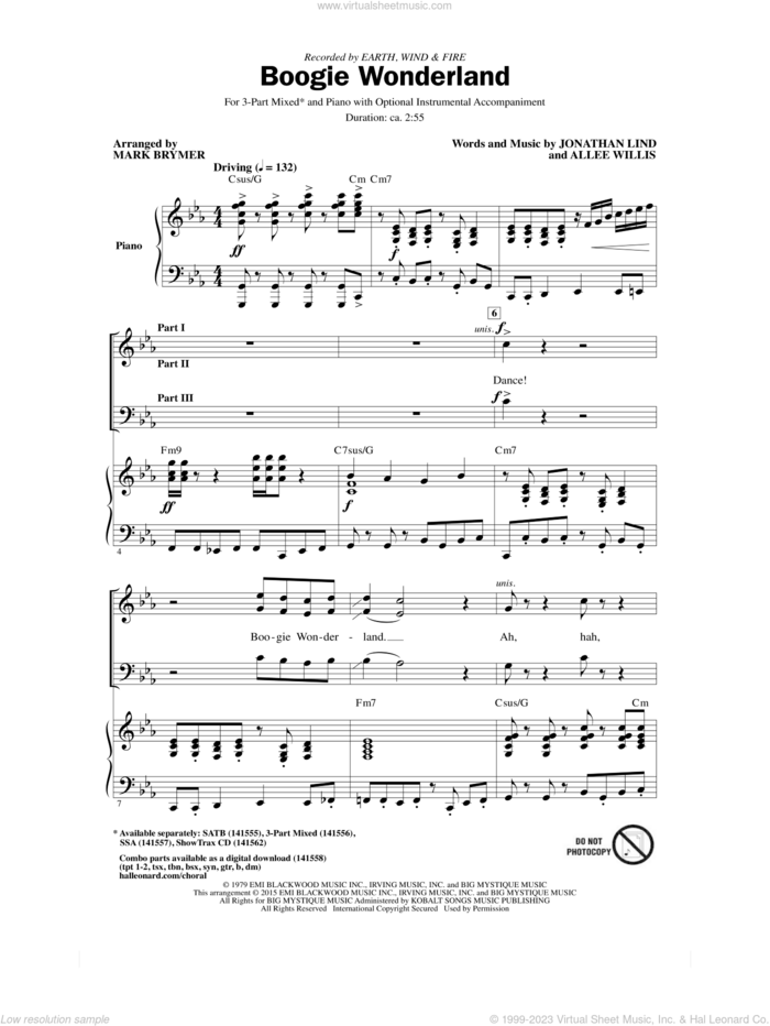 Boogie Wonderland sheet music for choir (3-Part Mixed) by Mark Brymer, Allee Willis, Earth, Wind & Fire, Earth, Wind and Fire and Jonathan Lind, intermediate skill level