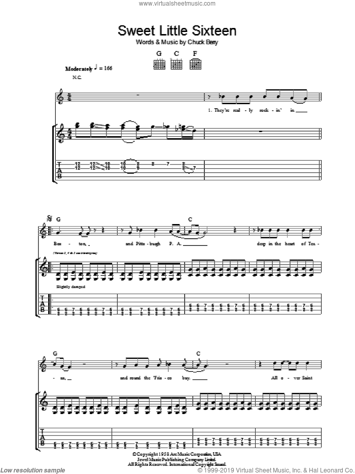 Sweet Little Sixteen sheet music for guitar (tablature) by Chuck Berry, intermediate skill level