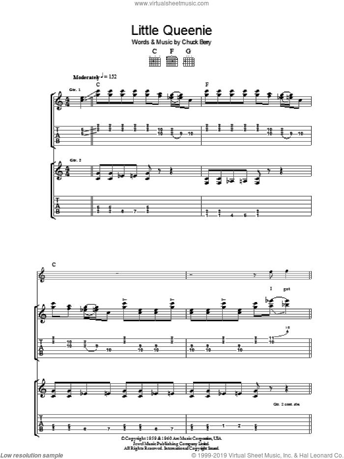 Little Queenie sheet music for guitar (tablature) by Chuck Berry, intermediate skill level