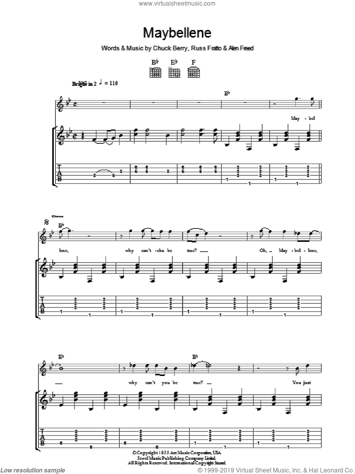 Maybellene sheet music for guitar (tablature) by Chuck Berry, Alan Freed and Russ Fratto, intermediate skill level