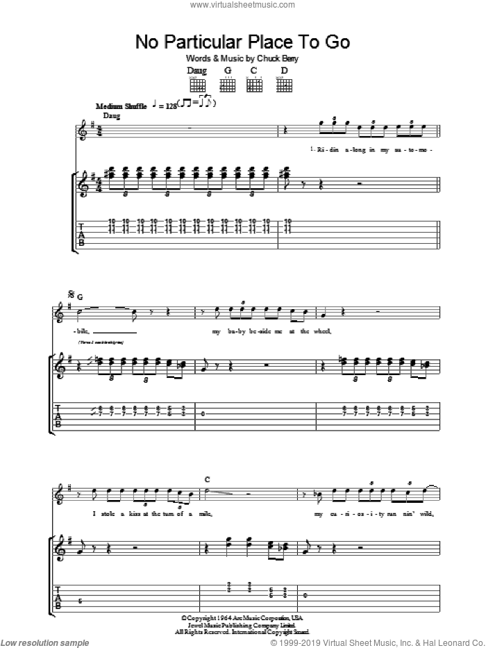 No Particular Place To Go sheet music for guitar (tablature) by Chuck Berry, intermediate skill level
