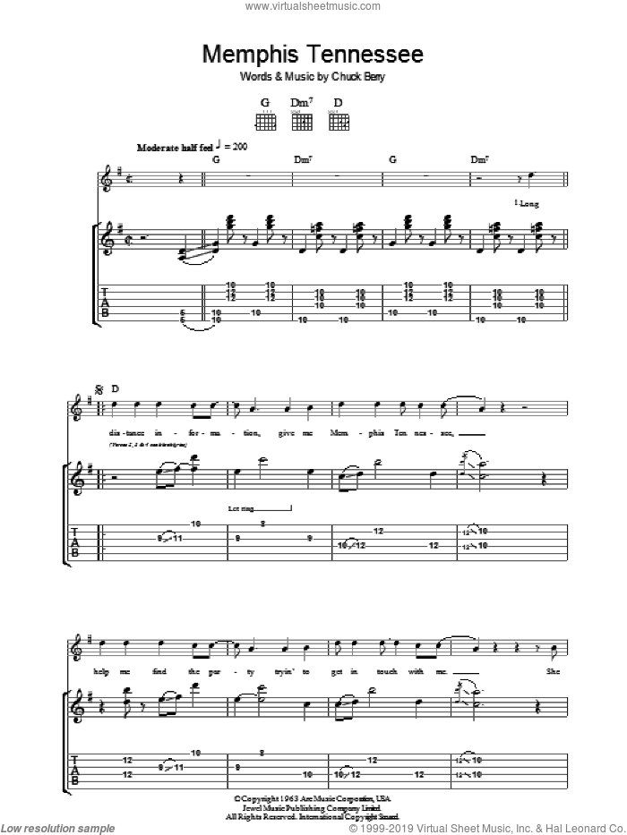 Memphis Tennessee sheet music for guitar (tablature) by Chuck Berry, intermediate skill level