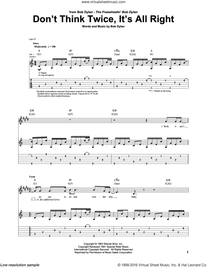 Don't Think Twice, It's All Right sheet music for guitar (tablature) by Bob Dylan and Peter, Paul & Mary, intermediate skill level