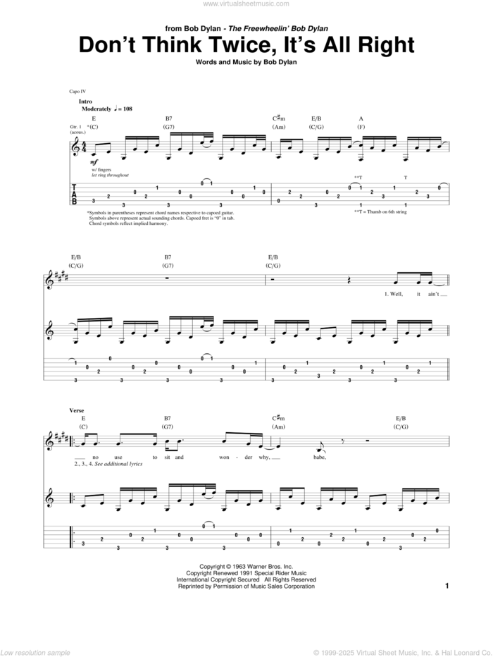 Don't Think Twice, It's All Right sheet music for guitar (tablature) by Bob Dylan and Peter, Paul & Mary, intermediate skill level