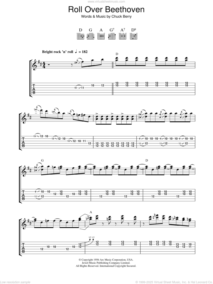 Roll Over Beethoven sheet music for guitar (tablature) by Chuck Berry and The Beatles, intermediate skill level